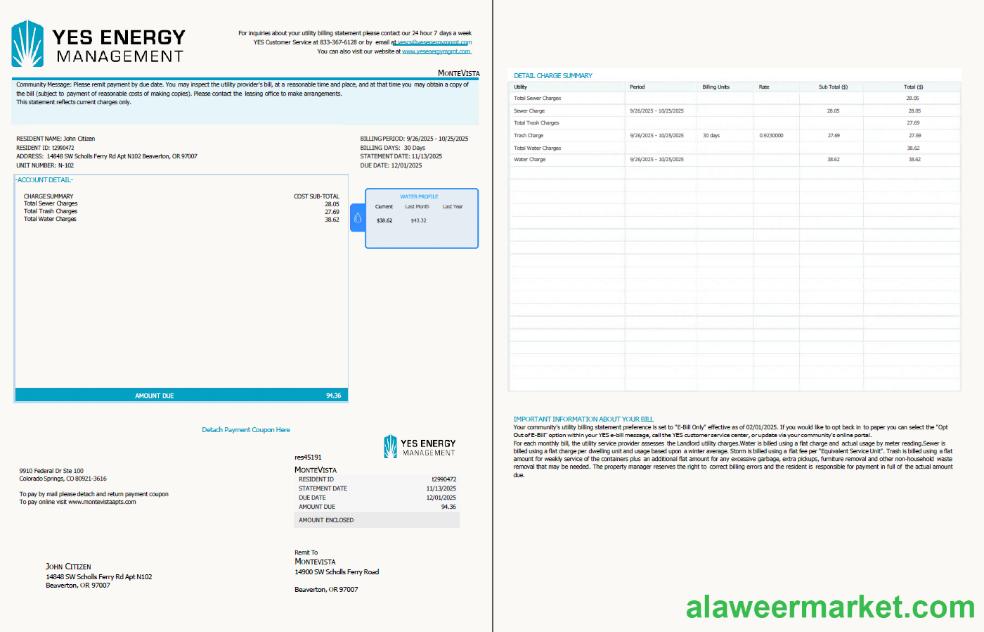 USA YES Energy Management utility bill template in Word and PDF formats, 2 pages